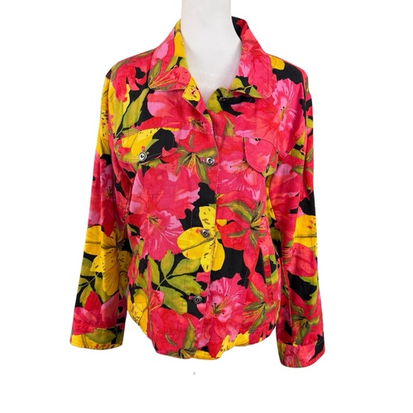 Chico's 1 M Button Up Linen Blend Jacket Pink Yellow Black Floral Long Sleeve - Picture 1 of 12